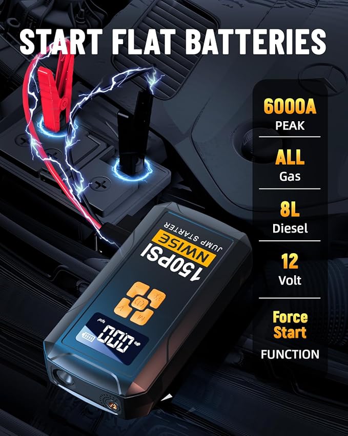 Portable Car Jump Starter with Air Compressor, 150PSI Jump Box Battery Pack with Digital Tire Inflator,12V Booster Pack with Large LCD Display, Emergency Light