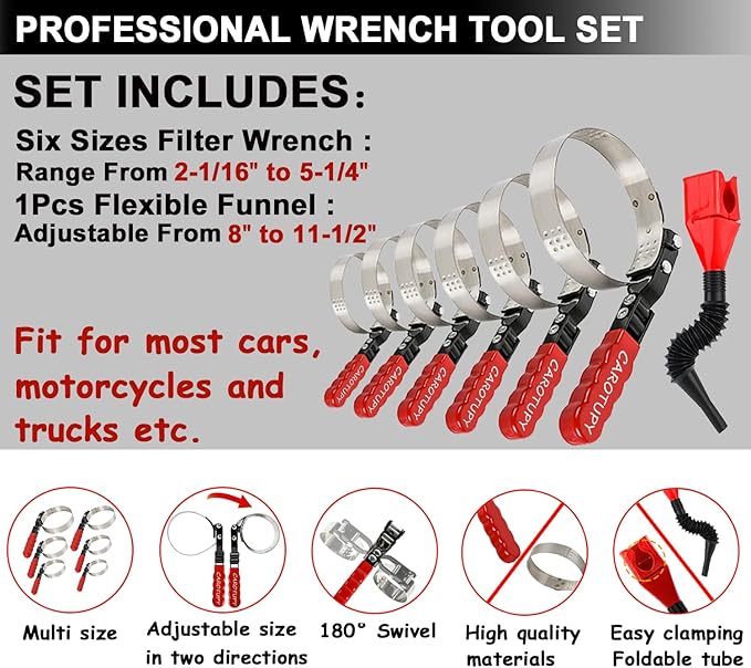 7pcs Oil Filter Wrench Set with Small Oil Funnel for Oil Change, Adjustable Oil Filter Removal Tool 2-1/16"-5-1/4"