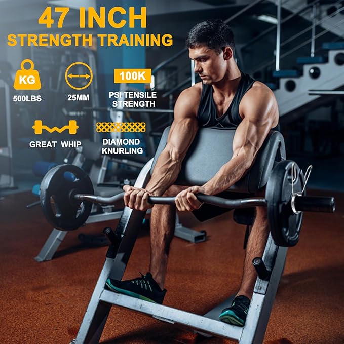 Olympic EZ Curl Barbell Bar, 47” Strength Training EZ Bar for Weight Lifting,Hip Thrusts,Biceps, triceps, Back/Leg Muscle Exercise,Chrome Curling Bar for 2 Inch Weight Plates,with 2 Spring Collars(500LBS)
