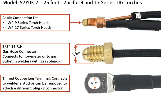 SÜA - TIG Torch Power Cable - Model: 57Y03-2 - 25 feet - 2pc for 9 and 17 Series TIG Torches