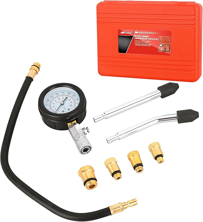 Nilight Compression Tester Kit, 8PCS Petrol Gas Engine Cylinder Pressure Gauge 0-300 PSI Automotive Tool for Cars Trucks Motorcycles