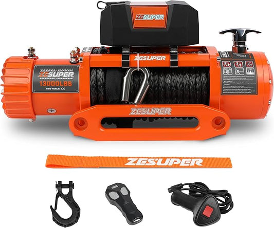 ZESUPER 13000 lbs Electric Winch Kit, IP68 Waterproof 12V Winch for Jeeps,Trucks,SUV, Synthetic Rope Winch with Wireless Handheld Remote, Corded Control, Hawse Fairlead,Hook