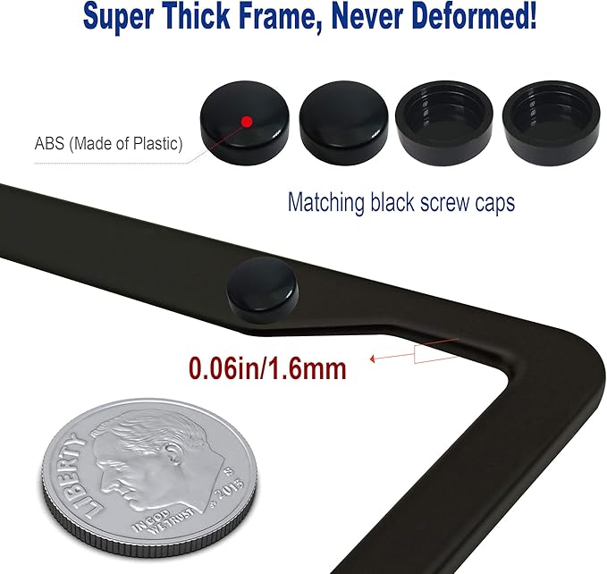BGGTMO Matte Black Aluminum License Plate Frames- 2 Pack Heavy Duty Car Tag Cover for Front & Rear, 4 Hole Rust Proof Universal Holder, Mount Screws Caps, Inserts, Rattle Proof Pads