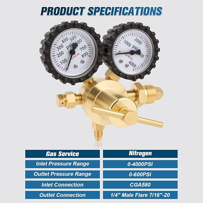 Nitrogen Regulator, 0-800PSI Nitrogen Regulator HVAC with CGA580 Inlet, 1/4" Male Flare Outlet Connection, Nitrogen Tank Regulator for HVAC Purging, Leak Checking, Pressure Testing, Welding