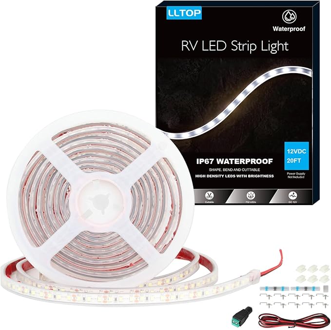 RV Awning Lights 12vdc 20ft White Exterior LED Strip Outdoor Camper Waterproof IP67 Motorhome Travel Trailer Canopy RV Underglow Tape Lights