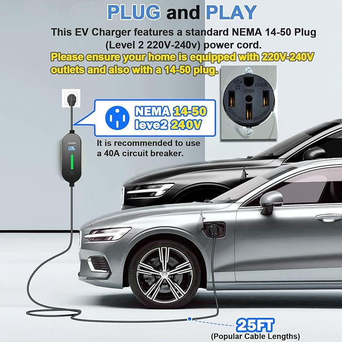 SubSun Universal Portable Level 2 EV Charger 32Amp 240V Electric Car Charger for All North American EVs Includes J1772 and Tesla, 25FT EV Charging Cable with NEMA 14-50 Plug (with Tesla Adapter)