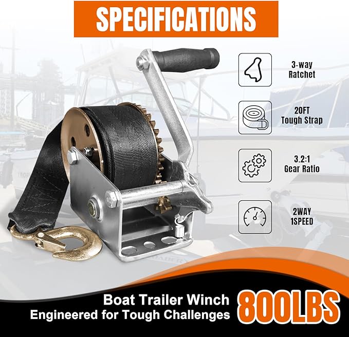 Hand Winch, 800 lbs Pulling Capacity, Boat Trailer Winch Heavy Duty Rope Crank with 20 FT Polyester Strap, Manual Operated Hand Crank Winch for Trailer, Boat or ATV Towing