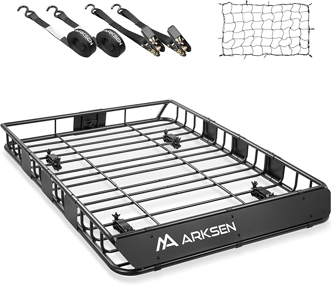 ARKSEN 54 x 39 x 5 Inch Upgrade Universal Roof Rack with Cargo Net, 2 Ratchet Straps,150Lbs Capacity Heavy Duty Rooftop Cargo Carrier with Extension for Car, SUV & Pickup