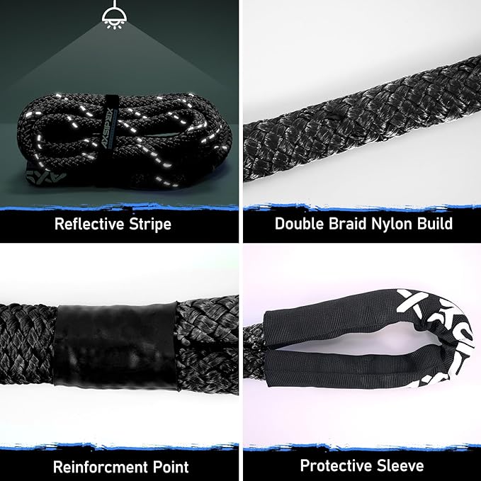 Kinetic Recovery Rope Kit (Reflective), 1in x 30ft 48,500Lbs, 35% High Elasticity, w/ 2 Soft Shackles, 16,166Lbs Work Load Limit for 4x4 Offroad Vehicle, Black