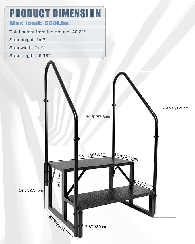 Hot Tub Steps Outdoor, 2 RV Steps with 2 Handrails Update 3.0, Portable RV Stairs, Truck Camper Steps Stool Ladders for Travel Trailers, 5th Wheel, Motor Home, Spa, and Porch