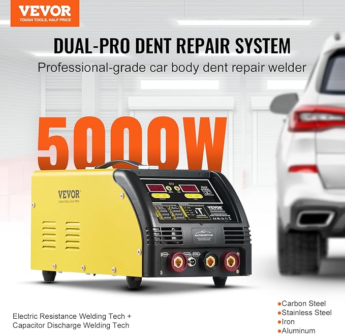 VEVOR Dual Pro Stud Welder Deluxe AL/Fe Dent Repair Kit, Professional 5KW Welder with Auto/Manual Welding and 10 Modes, 110V Spot Welding Dent Repair Machine for Steel & Aluminum Auto Panels Repair