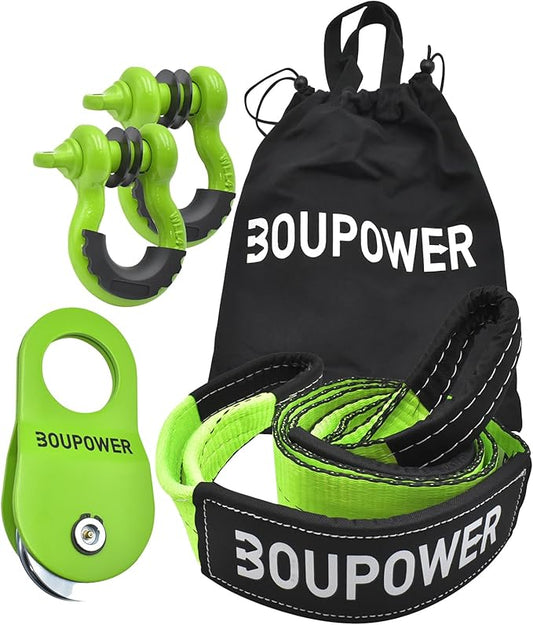 Off Road Winch Recovery Kit, 10 Ton Heavy Duty Snatch Block Pulley with 3" x8' Tree Saver Strap and 2Pcs 3/4" D Ring Shackles, Winching Accessories for Truck Car SUV ATV Green