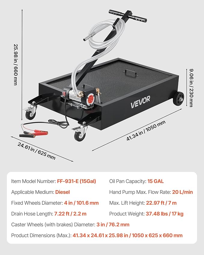 VEVOR Low Profile Oil Drain Pan, 15 Gallon Capacity, Rolling Oil Drain Pan with Electric Pump & 7.2 ft Hose, Leak-Proof & Corrosion-Resistant, Fit for Cars, SUVs, Trucks, Motorcycles, ATVs, Metal