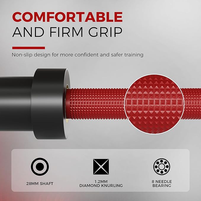 7ft Olympic Barbell 45 lb - 1000LB Capacity Weight Lifting Bar with Hard Chrome Finish, 28mm Grip & Needle Bearings, Fits 2" Plates for Powerlifting, Deadlift, Bench Press, and Home Gym