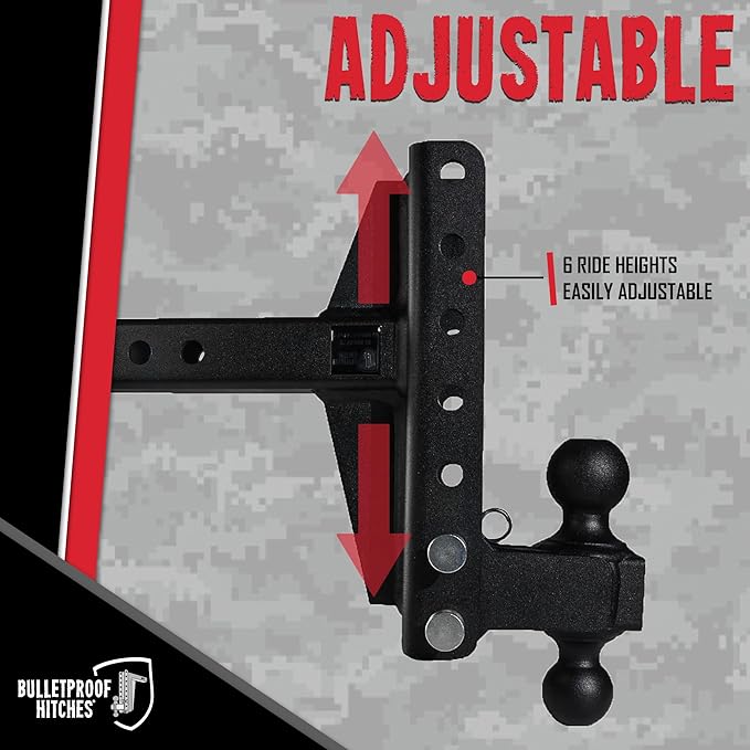 BulletProof Hitches - 2.0" Adjustable Medium Duty Trailer Hitch (14,000 lb. Rating) - Offset 4" and 6" Drop/Rise Trailer Hitch with 2" & 2-5/16" Dual Ball - Powder Coat, Box Steel, Corrosion-Resistant