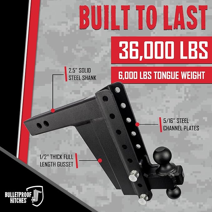 BulletProof Hitches - 2.5" Adjustable Extreme Duty Trailer Hitch (36,000 lb. Rating) - 10" Drop/Rise with 2" and 2 5/16" Dual Ball - Powder Coat, Solid Steel, Corrosion-Resistant