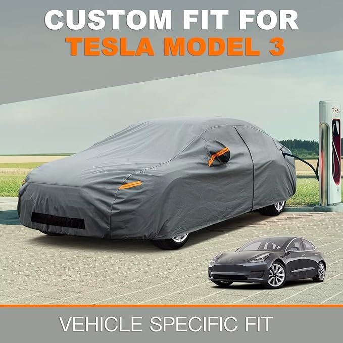 Kayme Heavy Duty Car Cover Waterproof All Weather, Custom Fit for Tesla Model 3, Outdoor Full Exterior Cover with Charging Port and Breathable Ventilation Mesh, Sun and Rain Protection.