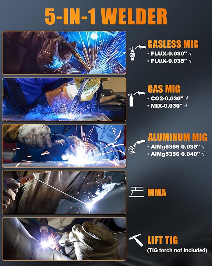 AZZUNO MIG Welder Machine 110V/220V, 155Amp 5-in-1 Gas MIG/Aluminum MIG/Gasless Flux MIG/Lift TIG/Stick Welding Machine, Upgraded Wire Feed Welder