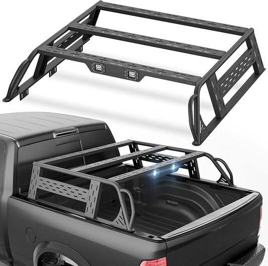 13.8" High Overland Bed Racks Truck Cargo Carrier Compatible with 2009-2018 Dodge Ram 1500/2500/3500 with 2 LED Lights and Bed Rails, Full-Size Truck Rear Ladder Rack Back Cross Bars