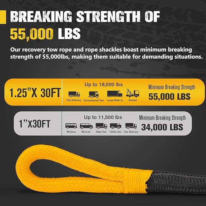 BUNKER INDUST 1.25"×30ft Kinetic Recovery Rope with 2 Soft Shackle Kit, 55000lbs Nylon Tow Rope Heavy Duty Snatch Strap Offroad Recovery Kit for 4x4 Jeep Truck ATV UTV SUV