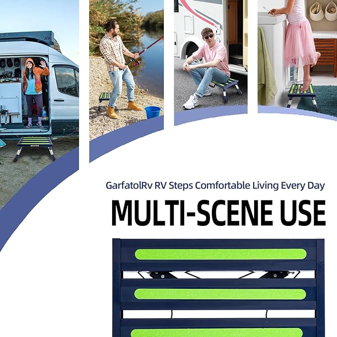 Aluminum RV Steps, 4-Level Adjustable Folding Step Stool with Non-Slip Rubber Feet, Non-Slip Fluorescent Strip Platform Rv Accessories, Supports Up to 1000 lbs - Blue