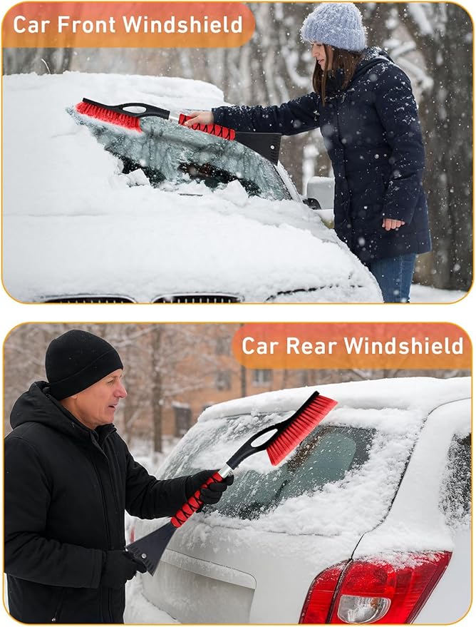 EcoNour 27" Car Snow Brush and Ice Scrapers for Car Windshield (Red- 2 Pack) | Scratch Free Bristle Head Snow Brush & Tough Window Snow Scraper with Aluminium Body