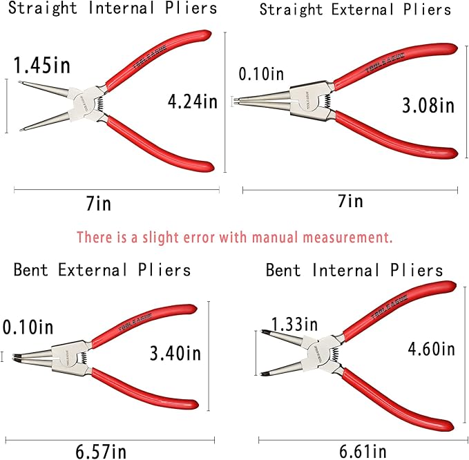 TOOLEAGUE 4 Pcs Snap Ring Pliers Set, Circlip Pliers, 7 inches Internal/External Heavy Duty for Ring Remover Retaining Straight Bent Lock Pliers Set