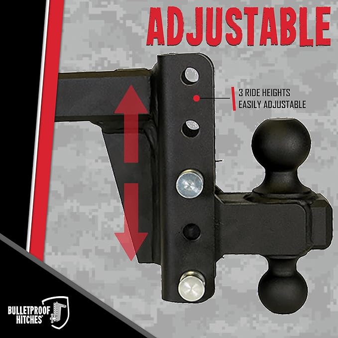 BulletProof Hitches - 2.0" Adjustable Extreme Duty Trailer Hitch (30,000 lb. Rating) - 4" Drop/Rise with 2" and 2 5/16" Dual Ball - Powder Coat, Solid Steel, Corrosion-Resistant