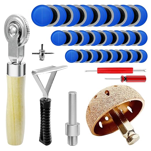 53Pcs Tire Patch Kit Heavy Duty, Tire Repair Tools 55 mm Tungsten Steel Buffing Wheel with 32mm/42mm/58mm Tire Patches, Tire Inner Liner Scraper, Tire Patch Roller for Car Motorcycle Bike Grinding
