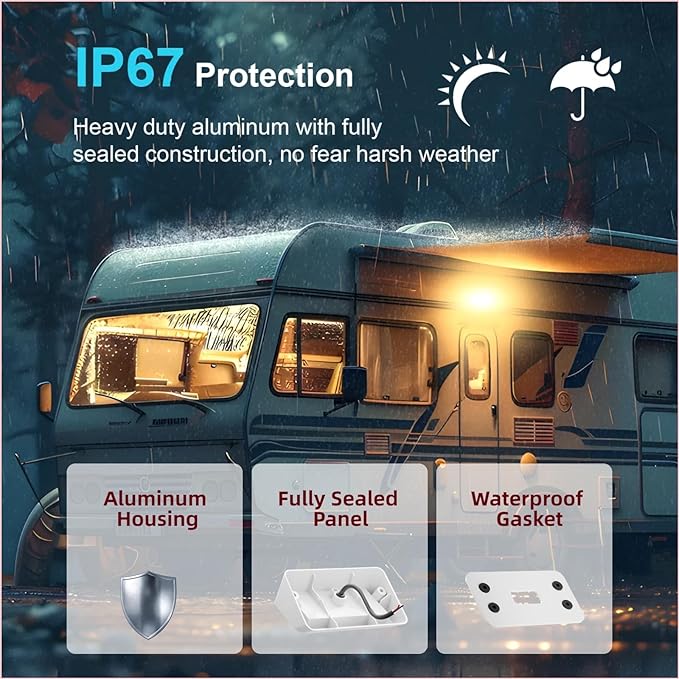 12V LED Exterior RV Porch Light with 1400 Lumen Dual Color Floodlight for Campers and Travel Trailer Outside Use IP67 Weatherproof Aluminum Fixture