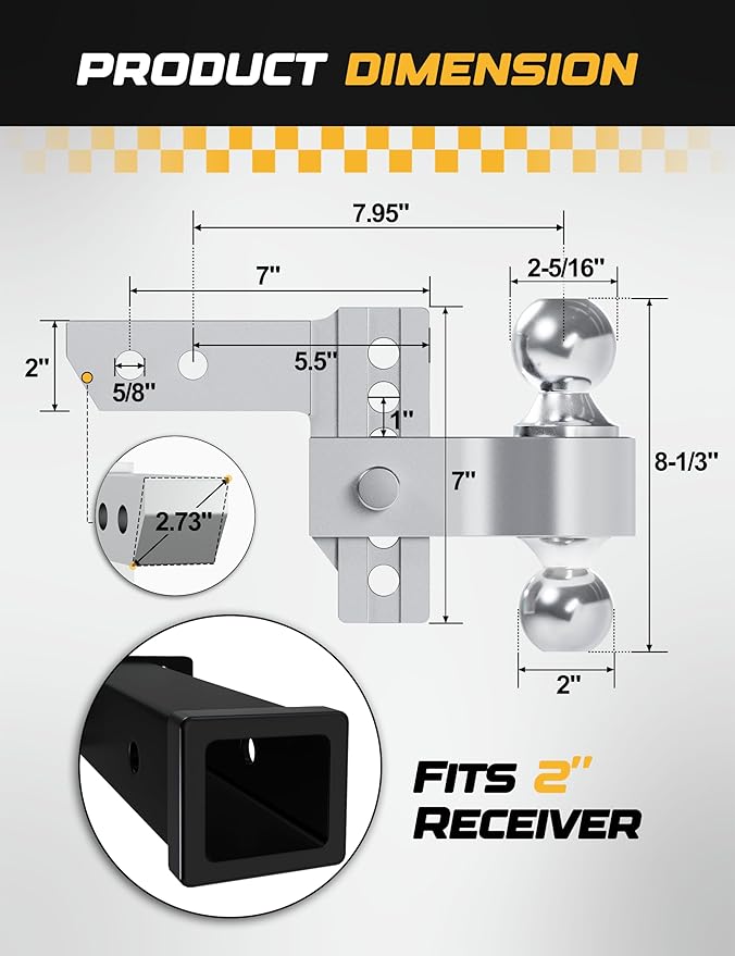 RETRUE Aluminum Trailer Tow Hitch for 2 Inch Receiver, Adjustable Truck Towing Hitches with Hitch Tightener, Heavy Duty 4 Inch Drop Down/Rise Up Hitch 12,500 LBS GTW 2 Anti-Theft Pin Locks