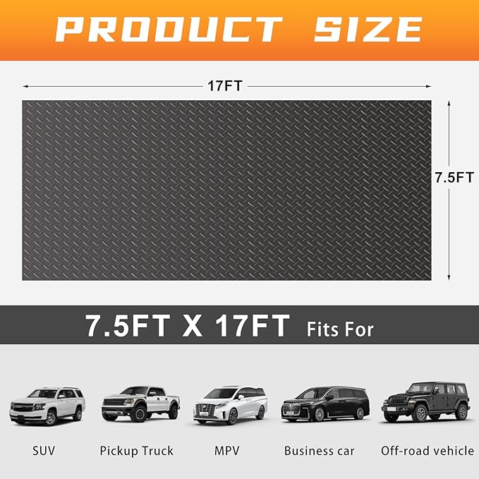 Boshen 7.5x17FT Garage Floor Mat, 2.5mm Thickened Diamond Plate PVC Rubber & Vinyl Flooring Roll, 127.5 SQFT Non-Slip Rubber Garage Mat for Floor Under Car Protection - Grey