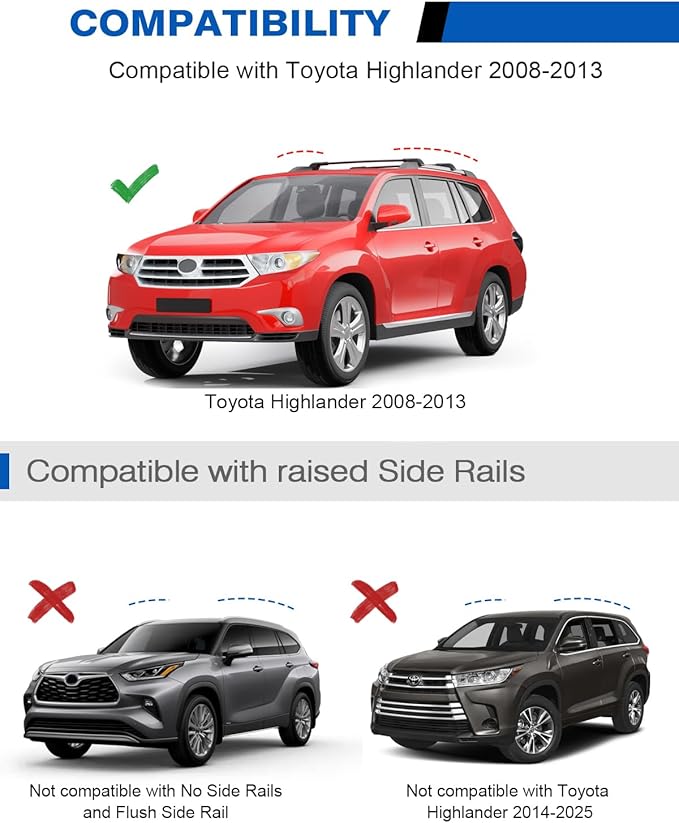 300lbs Lockable Roof Rack Cross Bars Fit for Toyota Highlander 2008 2009 2010 2011 2012 2013, Heavy Duty Aluminum Lockable Roof Rails Crossbars Black Rooftop Cargo Carrier Luggage