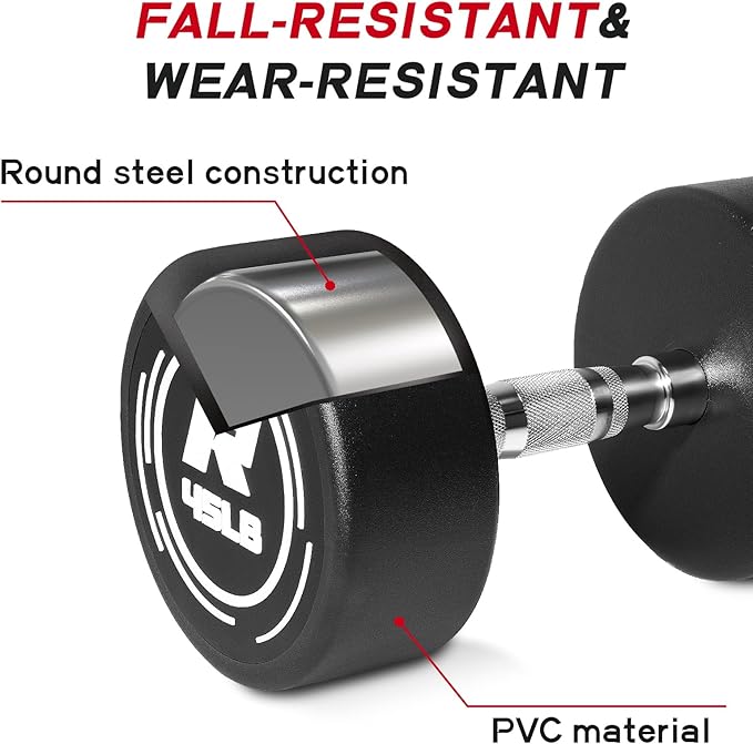 RitFit 5-250 LBS PVC Encased Round Dumbbell sets with Knurled Handle and Optional Rack, Strength Training Equipment for Home Gym