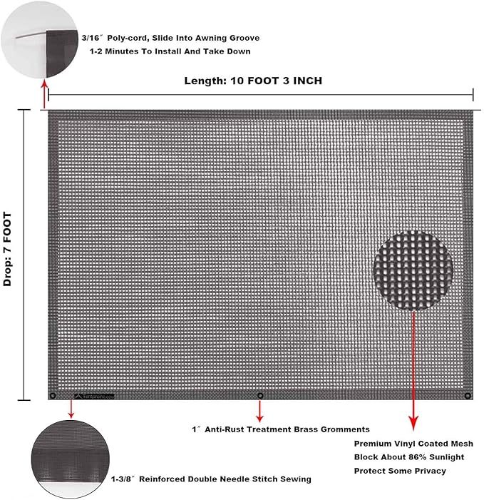 Tentproinc RV Awning Sun Shade Screen 7' X 10' 3'' (Fit for 11' Awning) Mesh Screen for RV Awning Sunshade Motorhome Camping Trailer Awning Sunscreen Shadescreen - 3 Year Warranty (Brown)