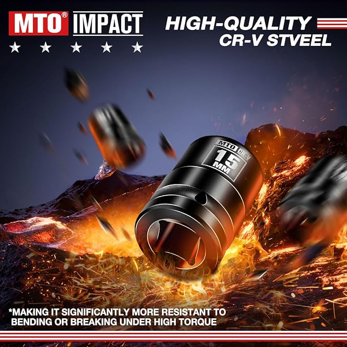 MTO 1/2" Drive 15mm Shallow Impact Socket, 6-Point Metric Socket for Automotive Maintaince, CR-V Steel Meets ANSI Standards
