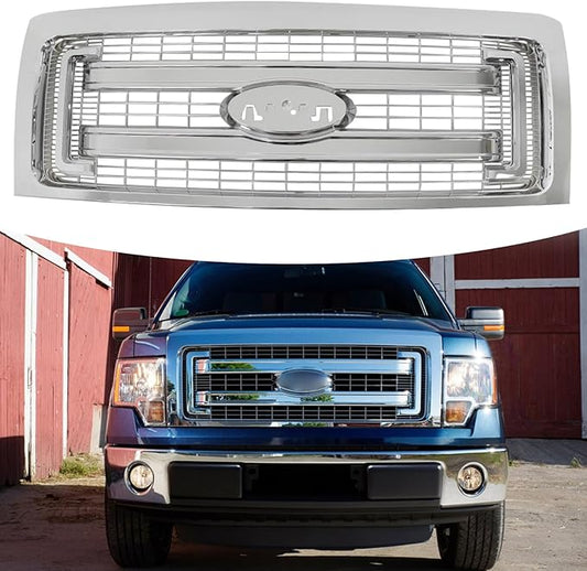 Front Bumper Grille Grill Fit For 2009-2014 Ford F150 F-150 XLT Style Front Hood Upper Grille Guard Cover Replacement For DL3Z8200DA/DL3Z8200CA (Chrome)