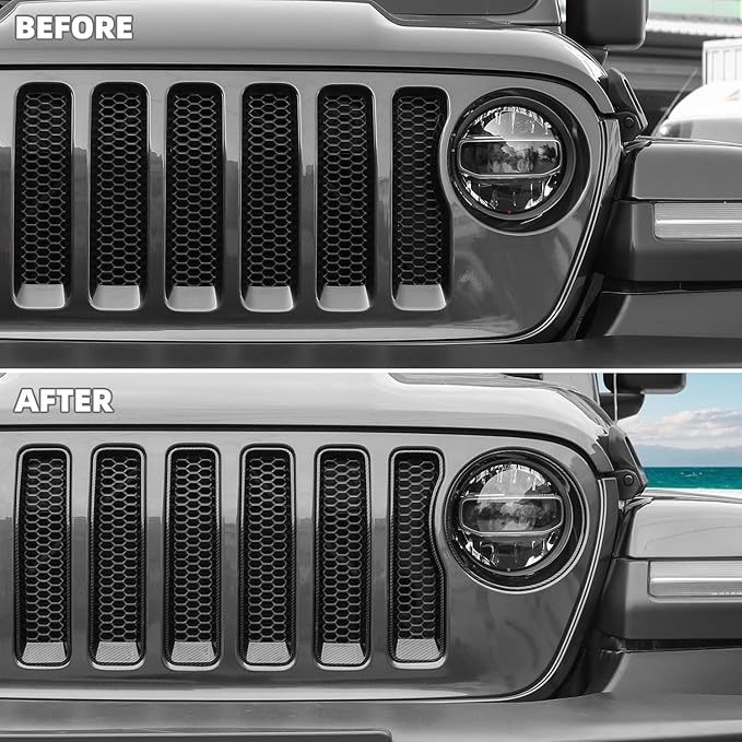 Grille Grill Insert+Headlight Turn Light Cover Compatible with 2018-2023 Jeep Wrangler JL JLU Sport/Sport S Only,Not for Sahara,Rubicon 4xe(Carbon Fiber)