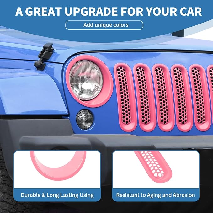 for Jeep JK Front Grille Inserts & Headlight Cover Trim Ring for Jeep Wrangler JK JKU 2007-2017 Pink Exterior Accessories 9pcs