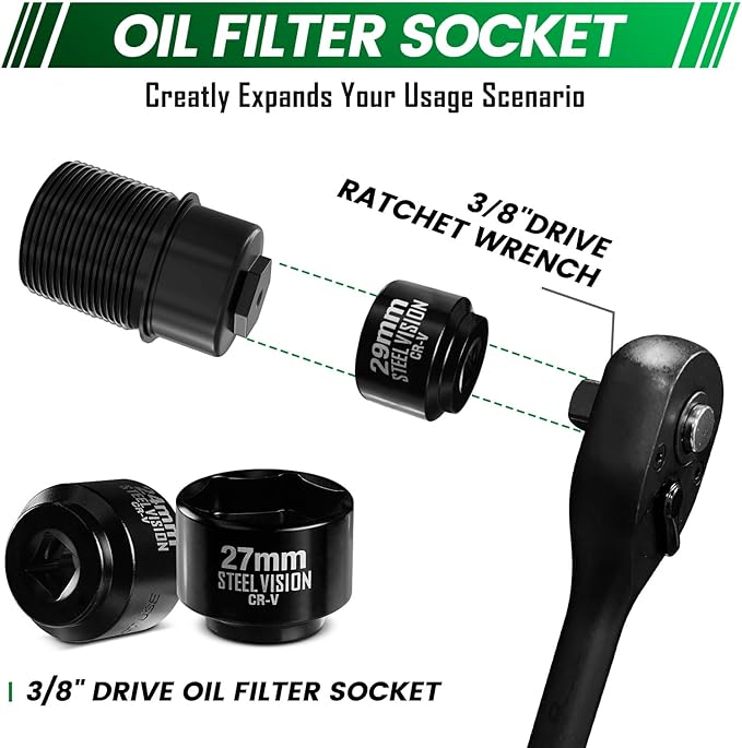 Steel Vision 5-Piece 3/8" Drive Low Profile Oil Filter Socket Set, Metric 24mm, 27mm, 29mm, 32mm, 36mm, Chrome Vanadium Steel, 6-Point Design, Laser-Etched Markings, Includes Storage Case
