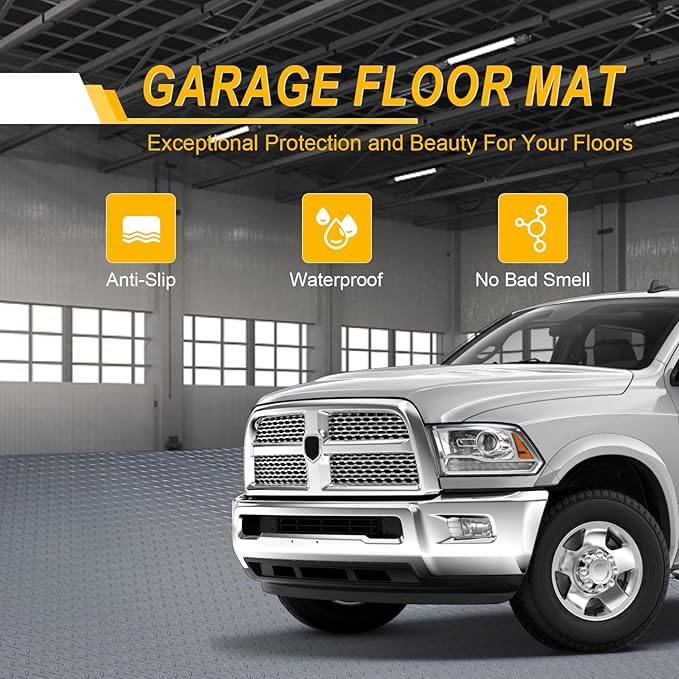 7.5x20 FT Garage Floor Mat, Flooring Roll with 20Pcs Tapes, 150 sqft Diamond Plate PVC Rubber Trailer Mat, Non-Slip Floor Mat for Garage, Warehouse, Gyms, Trailer, Pickup Truck (Grey)