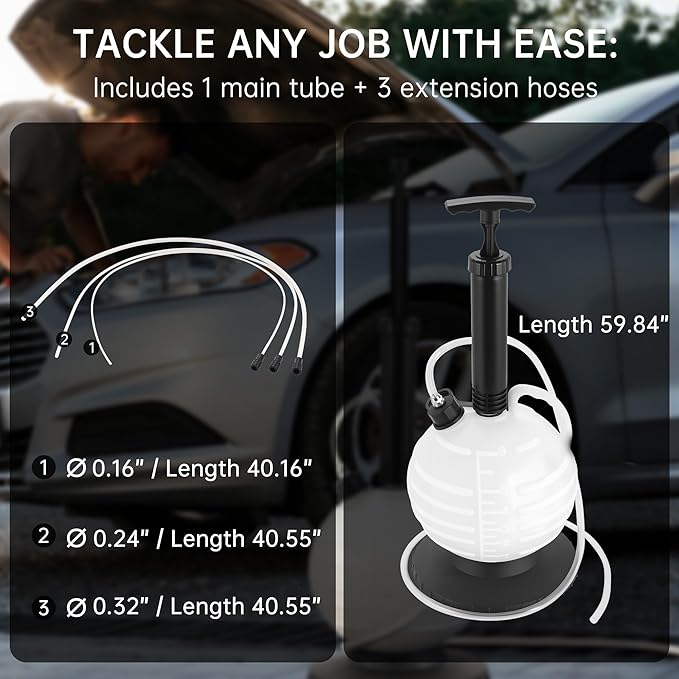 6L Manual Vacuum Oil Extractor Pump, Fluid Extractor Pump with 1 Hose and 3 Long Hard Tubes for Automotive, Marine, and Multi-Purpose Fluid Changes