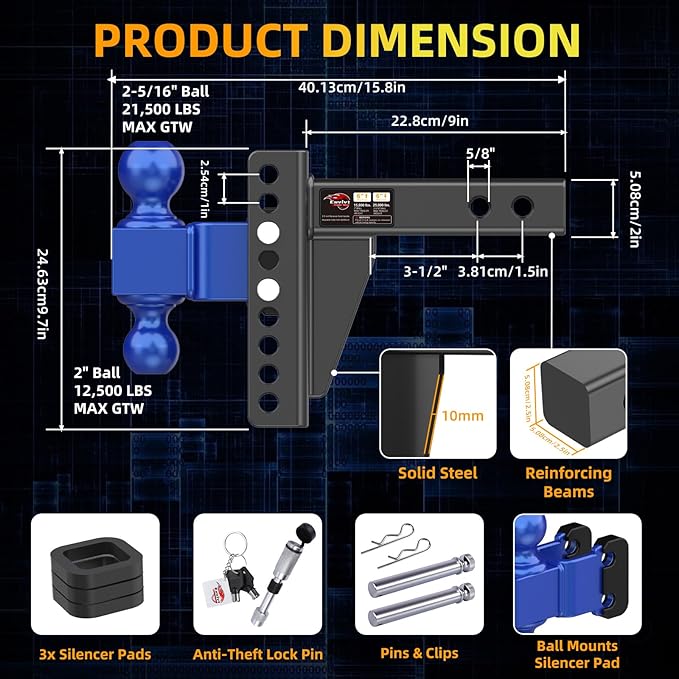 Adjustable Trailer Hitch -Drop Hitch (Fits 2-Inch Receiver) -6" Drop/Rise Tow Hitch, 2" & 2-5/16" Ball Hitches for Trucks -21,500 GTW Hitch Ball Mount with Anti-Theft Locking Hitch Pins