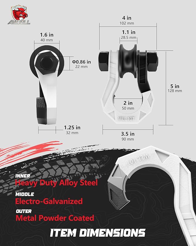 D Ring Separate Shackle with Snatch Block, 3/4" Easy Open Shackles w/Snatch Block Pulley, Heavy Duty Shackle for Towing Winch, Pulley for Off-Road Vehicle Recovery, Truck, ATV, UTV, Blackwhite