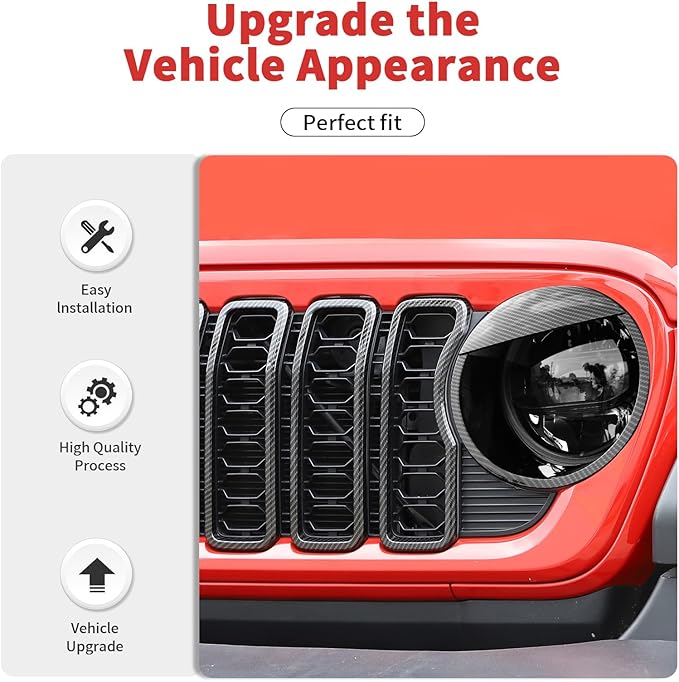 Front Grill Insert+ Headlight Bezels Cover Kit Compatible with 2024-2025+ Jeep Wrangler JL JLU & Gladiator JT, Not Fit for JL Sport & Sports(Carbon Fiber,Style A)
