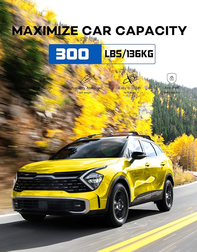 300lb Roof Rack Cross Bars Compatible with 2023-2026 Kia Sportage X-Line AWD/X-Pro/X-Pro Prestige with Raised Rail, (Not for SX &EX &LX with Flushed Rail and Panoramic Sunroof) Lockable