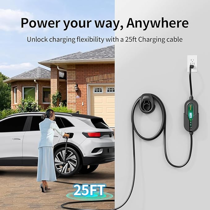 Level 1 and Level 2 Portable EV Charger J1772 16 Amp Charging Cable - Dual Voltage 120V 240V Home EV Charging Station, 3.8 kW, Adjustable 8 to 16A, ETL Listed, FCC Part 15, NEMA Type 4, 25 ft Cable