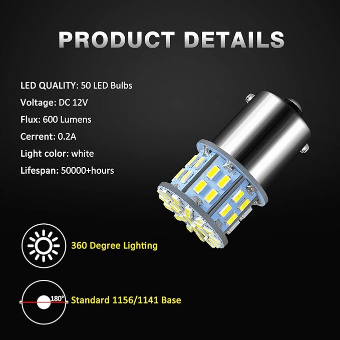 1156 1141 1003 7506 BA15S LED Bulbs Super Bright 3014 50-SMD LED Replacement for 12 Volt RV Camper Trailer Boat Trunk Interior Lights (White, 20)