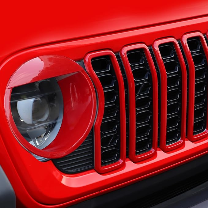 Front Grill Insert+Headlight Bezels Cover Kit Compatible with 2024-2025+ Jeep Wrangler JL JLU & Gladiator JT, Not Fit for JL Sport & Sports(Red,Style A)