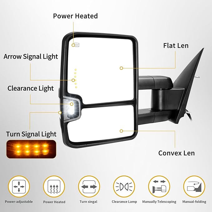 DWVO Towing Mirror Compatible with 14-18 Silverado 1500 2500 3500 Suburban Avalanche Tahoe, GMC Sierra Yukon, Telescoping Power Heated Switchback Turn Signal Light Chrome